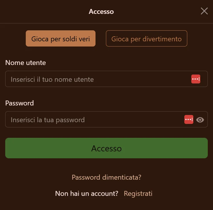 Schermata di login Coco Casino
