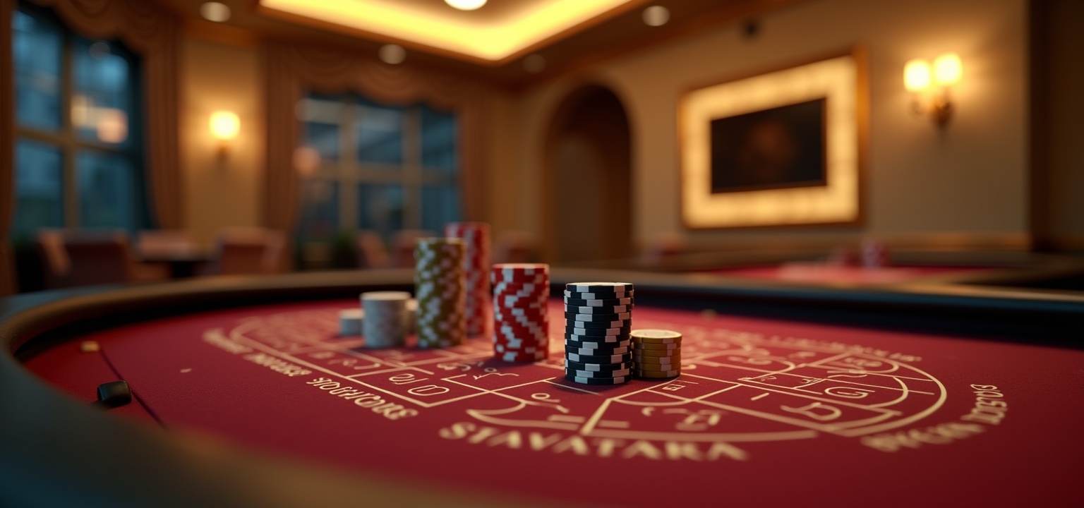 Tavolo da casino con fiches in primo piano